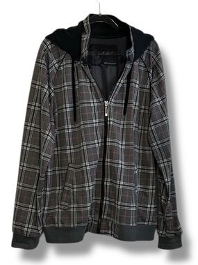 Vintage Caffeine Jacket Mens Plaid Zipper Hoodie Grey Plaid Streetwear Large